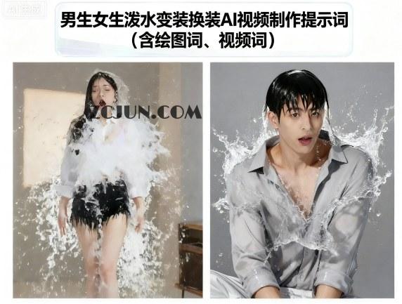 f408c8847c90c16 男生女生泼水变装换装AI视频制作提示词(含绘图词、视频词)