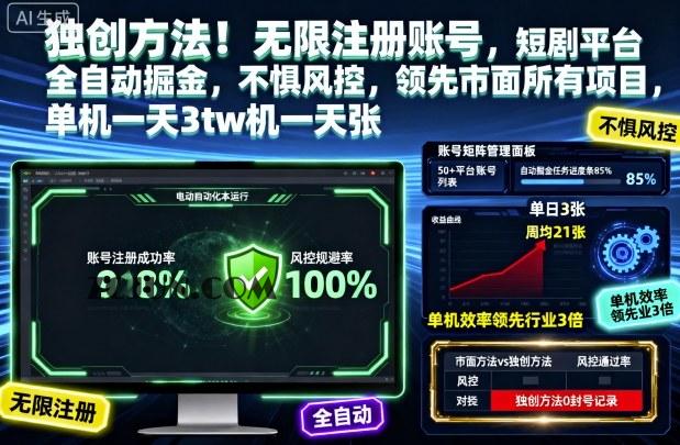 7a4835686623852 独创方法!无限注册账号,短剧平台全自动掘金,不惧风控,领先市面所有项目,单机一天3张