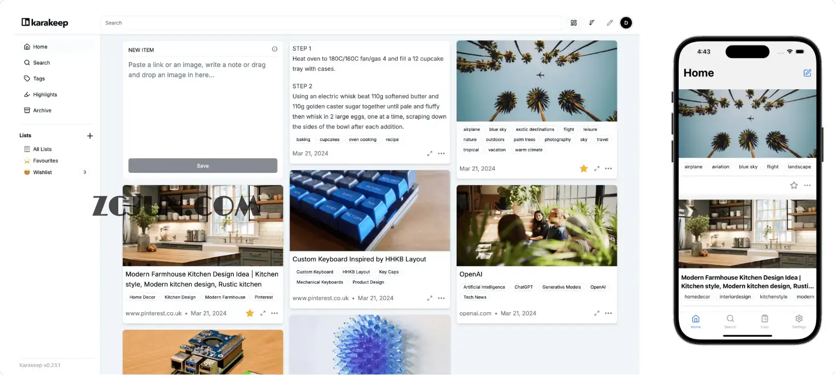 Karakeep:自托管的书签应用(链接、笔记和图片),配备基于AI的自动标签和全文搜索