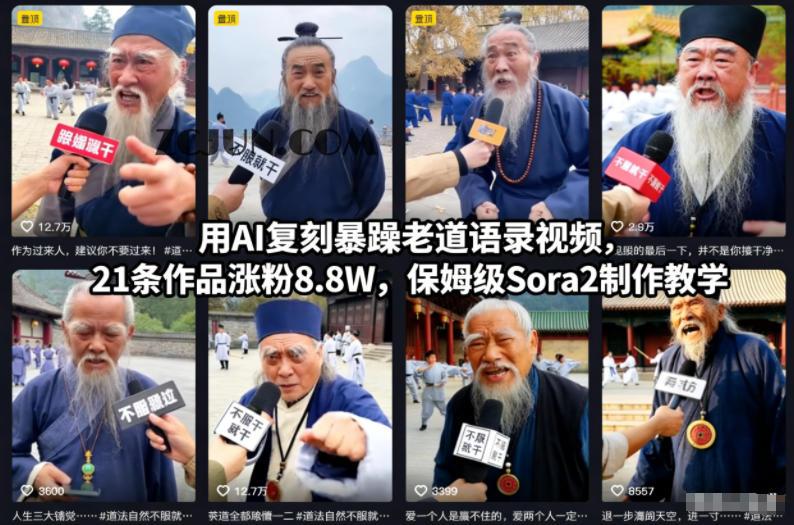 用AI复刻暴躁老道语录视频,21条作品涨粉8.8W,保姆级Sora2制作教学