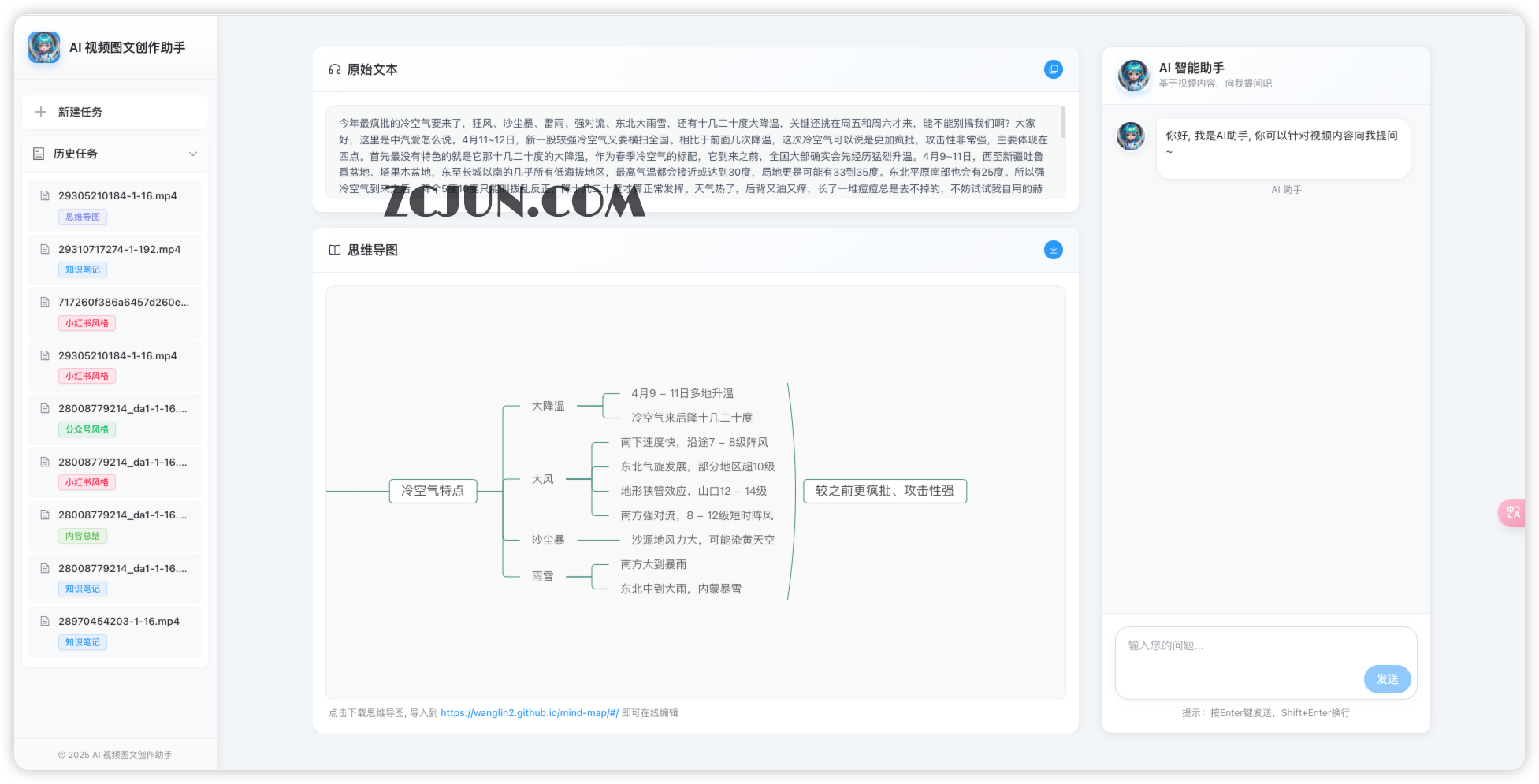 AI 视频图文创作助手 :一键将视频和音频转化为小红书/公众号/知识笔记/思维导图等各种风格的文档