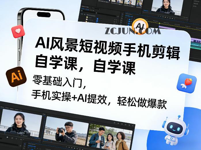 AI风景短视频手机剪辑自学课,零基础入门,手机实操+AI提效,轻松做爆款