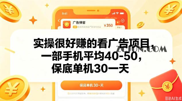 实操很好做的看广告项目,一部手机平均40-50,保底30单机一天