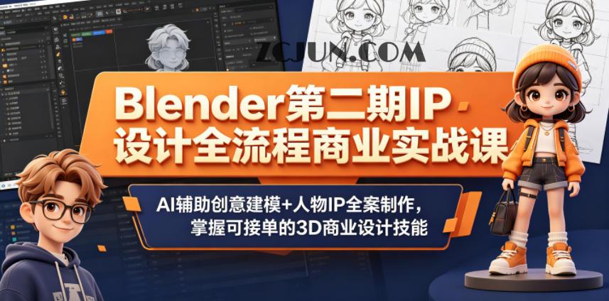Blender第二期IP设计全流程商业实战课,AI辅助创意建模+人物IP全案制作,掌握可接单的3D商业设计技能