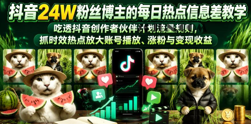 抖音24W粉丝博主的每日热点信息差教学,吃透创作者伙伴计划流量规则,抓时效热点放大账号播放、涨粉与变现收益