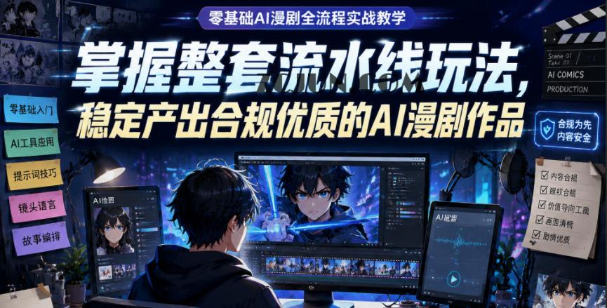 零基础AI漫剧全流程实战教学,掌握整套流水线玩法,稳定产出合规优质的AI漫剧作品