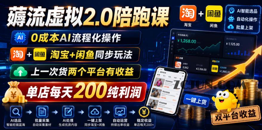 薅流虚拟2.0陪跑课,0成本AI流程化操作,淘宝+闲鱼同步玩法,上一次货两个平台有收益,单店每天200纯利润