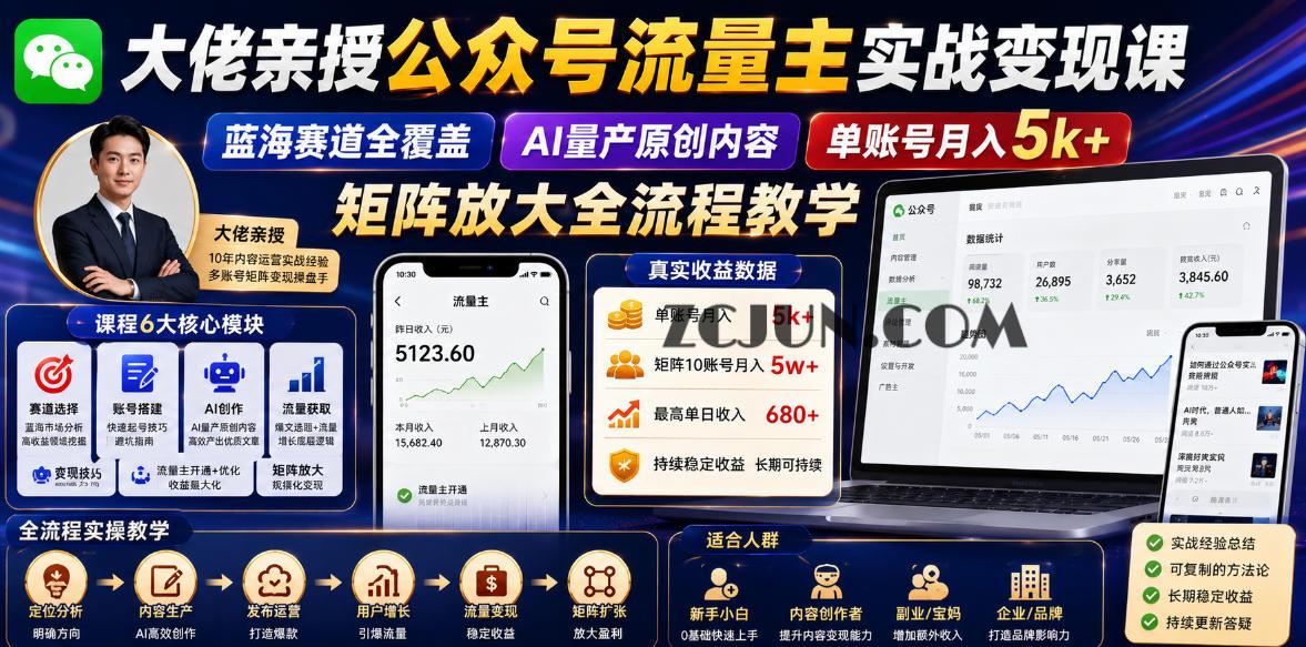 大佬亲授公众号流量主实战变现课,蓝海赛道全覆盖,AI量产原创内容,单账号月入5k+矩阵放大全流程教学