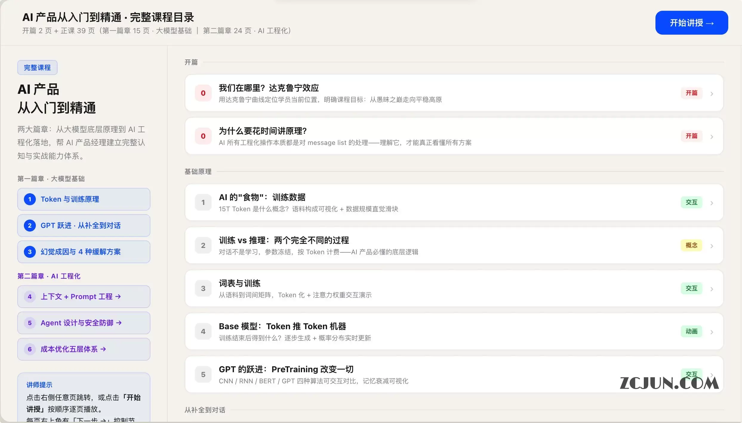 AI 产品从入门到精通:一套面向 AI 产品经理的完整培训课程,涵盖大模型底层原理到 AI 工程化落地