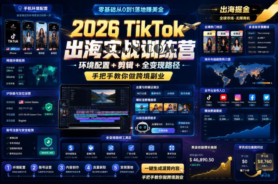 2026 TikTok出海实战训练营,环境配置 + 剪辑 + 全变现路径,手把手教你做跨境副业
