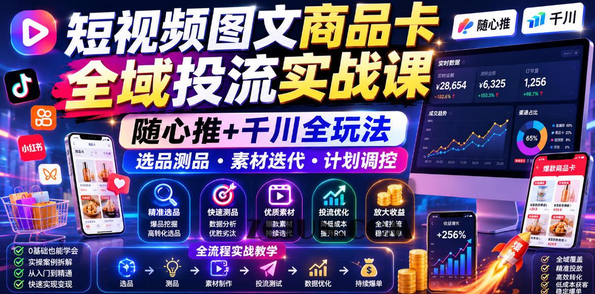 短视频图文商品卡全域投流实战课,随心推+千川全玩法,选品测品・素材迭代・计划调控,提升ROI爆单增收教程