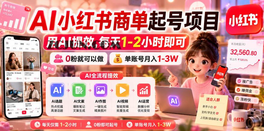 AI小红书商单起号项目,用AI提效,每天1-2小时即可,0粉就可以做,单账号月入1-3W