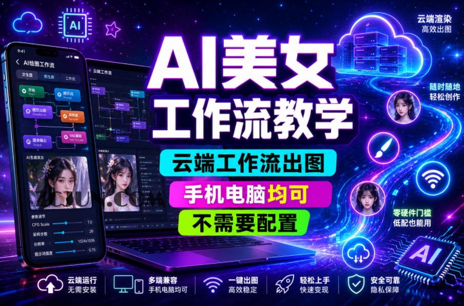 AI美女工作流教学,云端工作流出图,手机电脑均可,不需要配置,快速起号涨粉