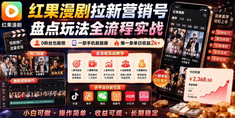红果漫剧拉新营销号盘点玩法全流程实战,0粉丝也能做,一部手机就能做,爆一条单日收益2k+