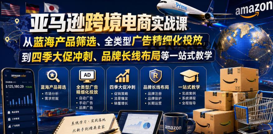 亚马逊跨境电商实战课,从蓝海产品筛选、全类型广告精细化投放,到四季大促冲刺、品牌长线布局等一站式教学(更新8月)