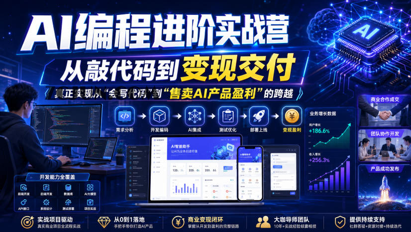 AI编程进阶实战营,从敲代码到变现交付,,真正实现从“会写代码”到“售卖AI产品盈利”的跨越