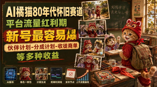 AI橘猫80年代怀旧赛道,平台流量红利期,新号最容易爆,伙伴计划-分成计划-收徒商单等多种收益