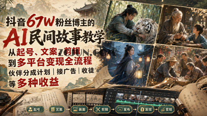 抖音67W粉丝博主的AI民间故事教学,从起号、文案、剪辑到多平台变现全流程,伙伴分成计划接广告等多种收益,月入1W+