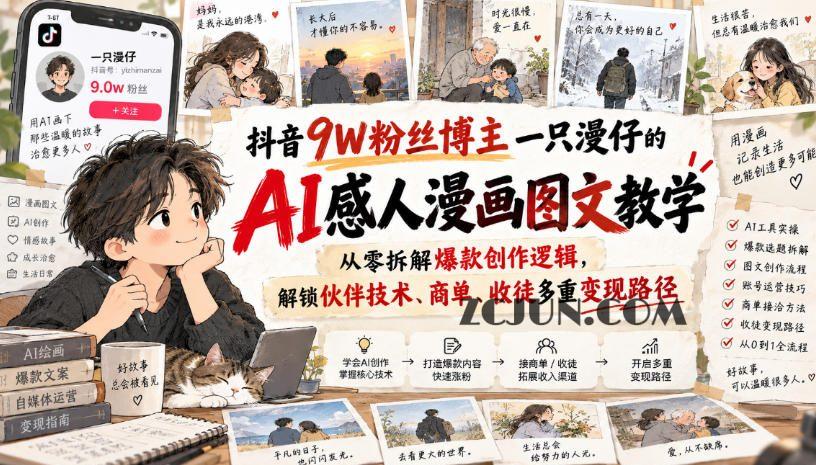 抖音9W粉丝博主一只漫仔的AI感人漫画图文教学,从零拆解爆款创作逻辑,解锁伙伴技术、商单、收徒多重变现路径