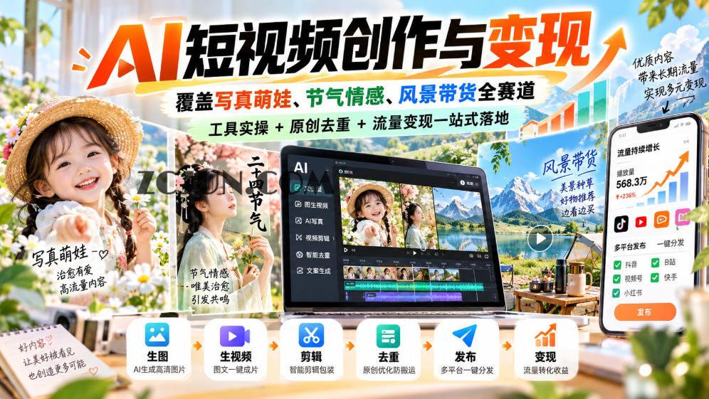 AI短视频创作与变现,覆盖写真萌娃、节气情感、风景带货全赛道,工具实操+原创去重+流量变现一站式落地