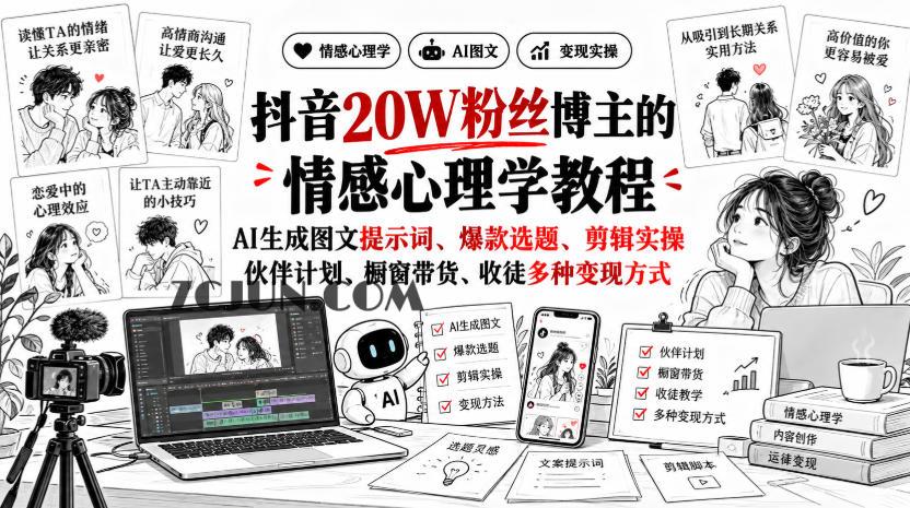 抖音20W粉丝博主的情感心理学教程,AI生成图文提示词、爆款选题、剪辑实操,伙伴计划、橱窗带货、收徒多种变现方式