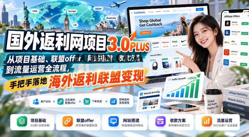 国外返利网项目3.0PLUS,从项目基础、联盟offer、网站搭建、收款方案到流量运营全流程,手把手落地海外返利联盟变现
