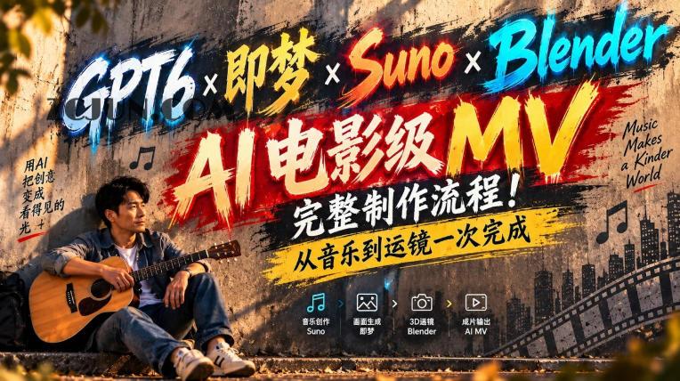 GPT6×即梦×Suno×Blender|AI电影级MV完整制作流程!从音乐到运镜一次完成