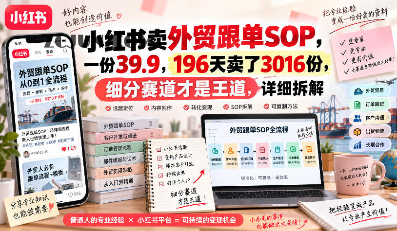小红书卖外贸跟单sop,一份39.9,196天卖了3016份,细分赛道才是王道,详细拆解