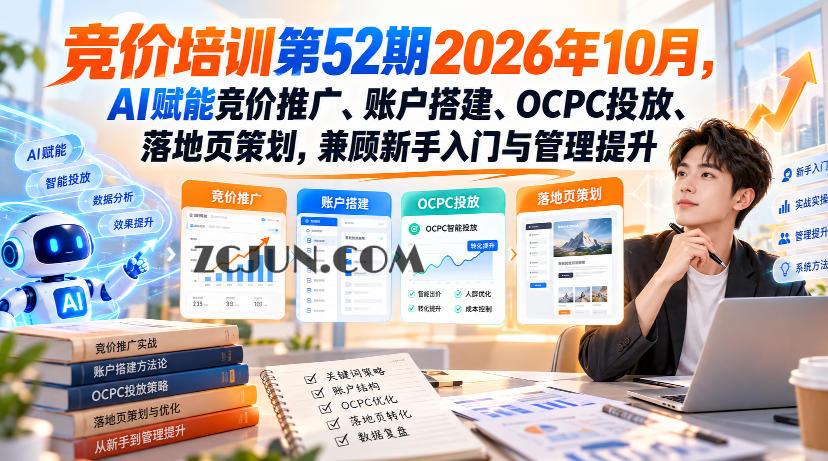 竞价培训第52期2026年10月,AI赋能竞价推广、账户搭建、OCPC投放、落地页策划,兼顾新手入门与管理提升