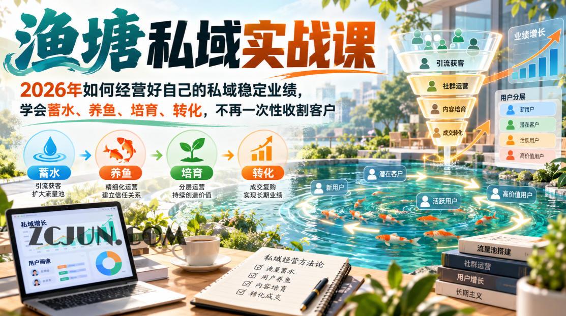 渔塘私域实战课,2026年如何经营好自己的私域稳定业绩,学会蓄水、养鱼、培育、转化,不再一次性收割客户