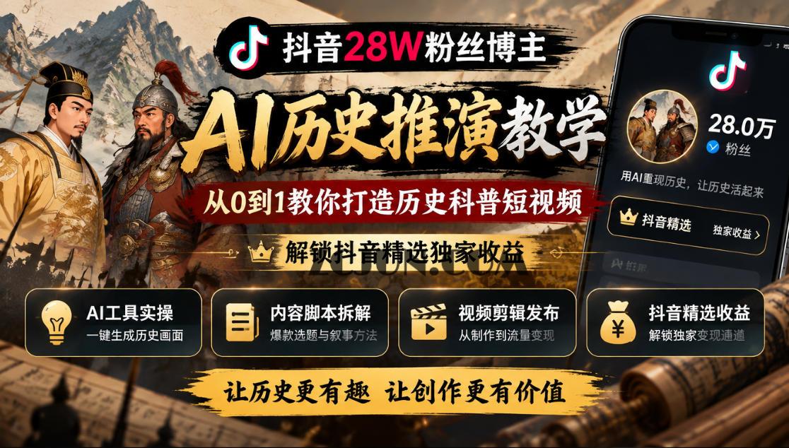 抖音28W粉丝博主的AI历史推演教学,从0到1教你打造历史科普短视频,解锁抖音精选独家收益