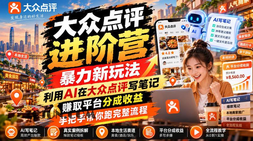 大众点评进阶营,暴力新玩法,利用AI在大众点评写笔记, 賺取平台分成收益,手把手带你跑完整流程