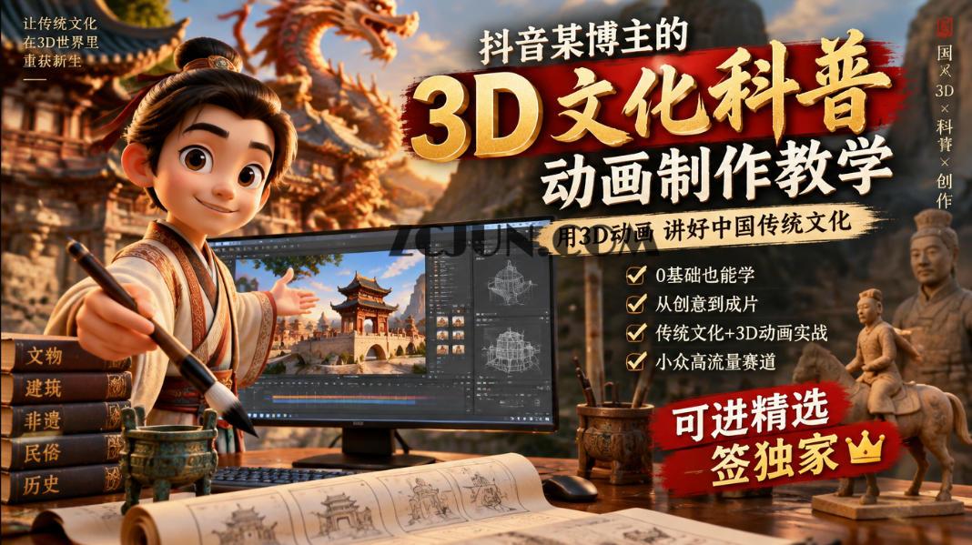 抖音某博主的3D文化科普动画制作教学,用3D动画呈现中国传统文化,可进精选签独家,单日收益1k+