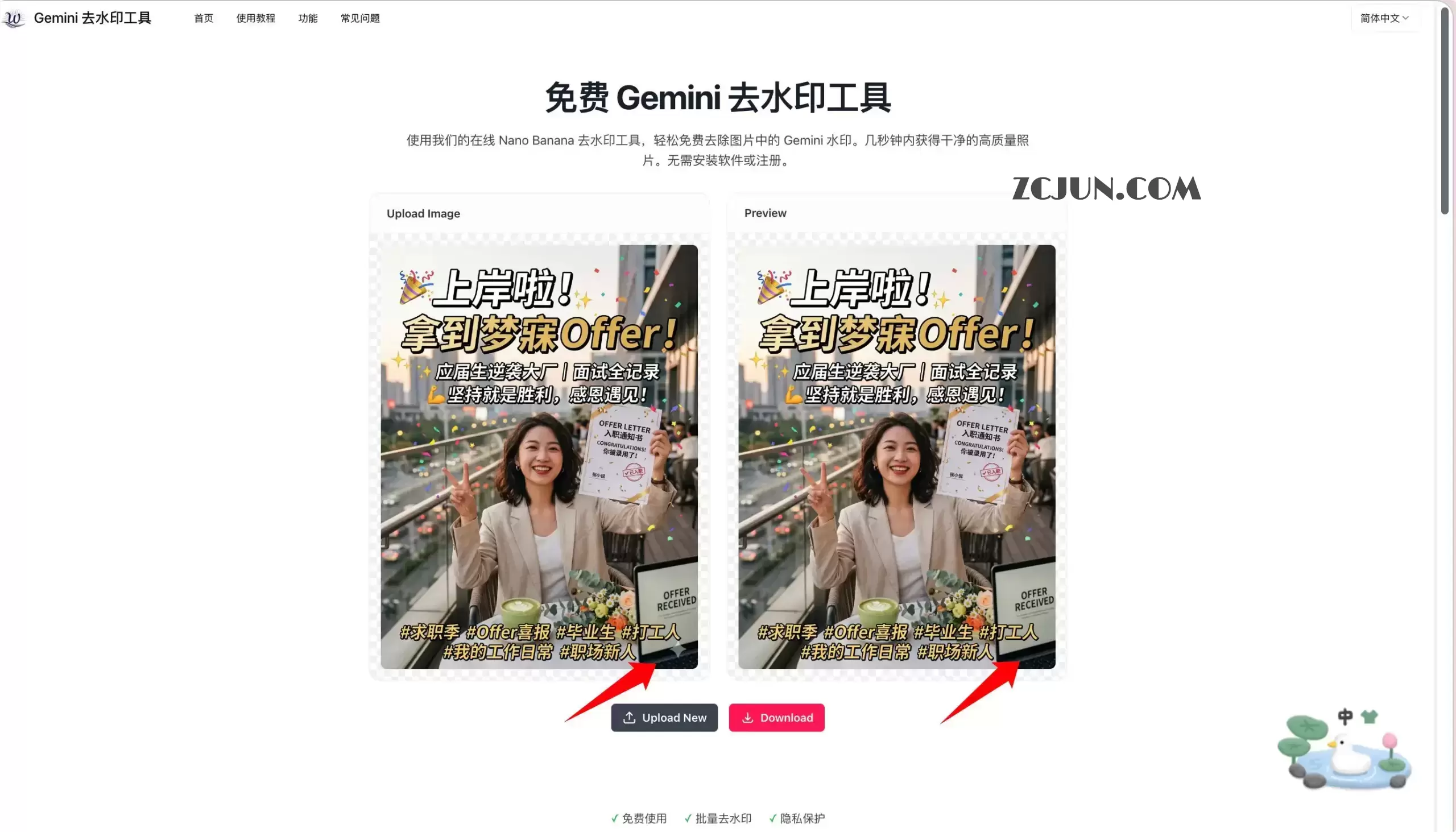 Gemini 去水印工具：免费在线 Gemini 去水印工具，一键擦除 Nano Banana 专属水印